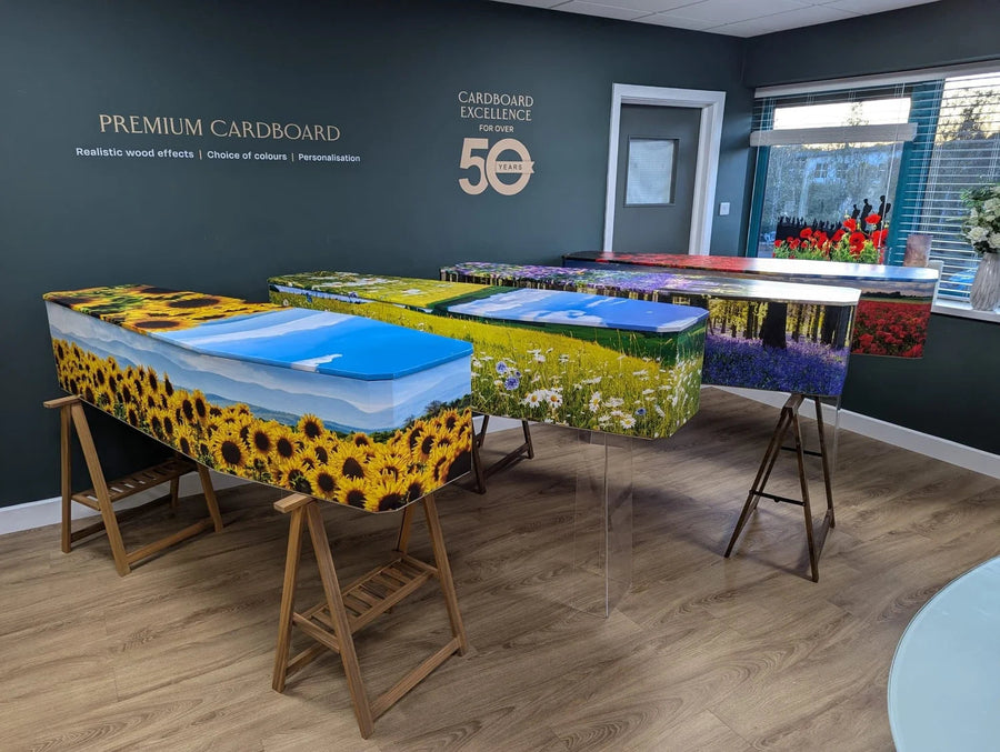 Parley Green showroom with floral premium coffins