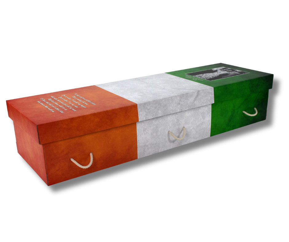 Bespoke picture coffin — Irish flag design with personalised verse