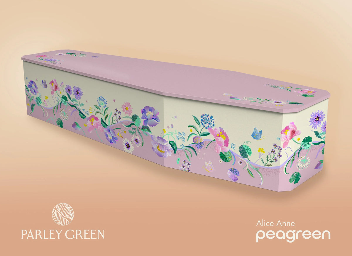Alice Anne — Peagreen designer coffin, delicate florals on a soft ground
