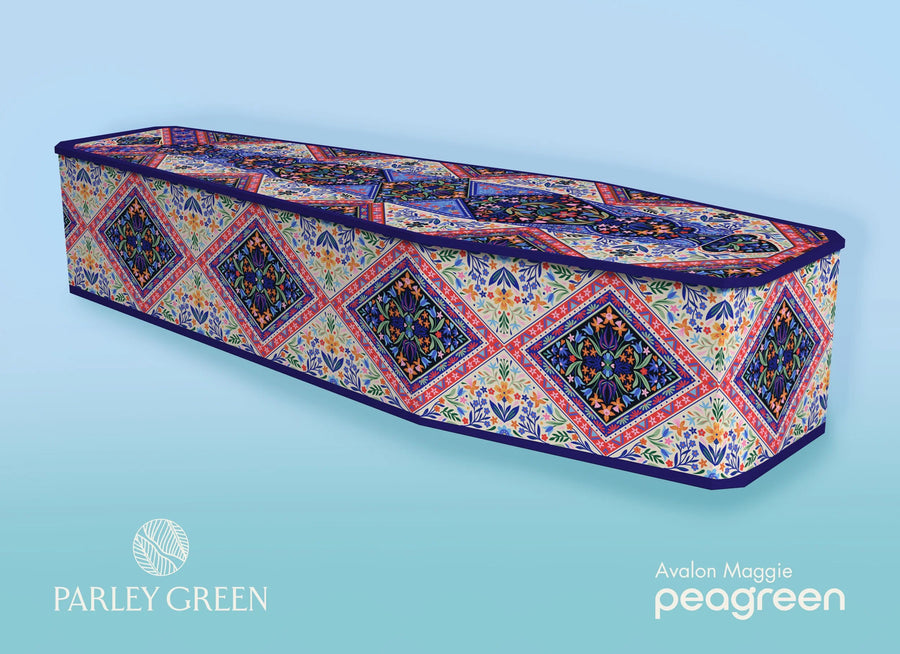 Avalon Maggie — Peagreen designer coffin, bold layered pattern