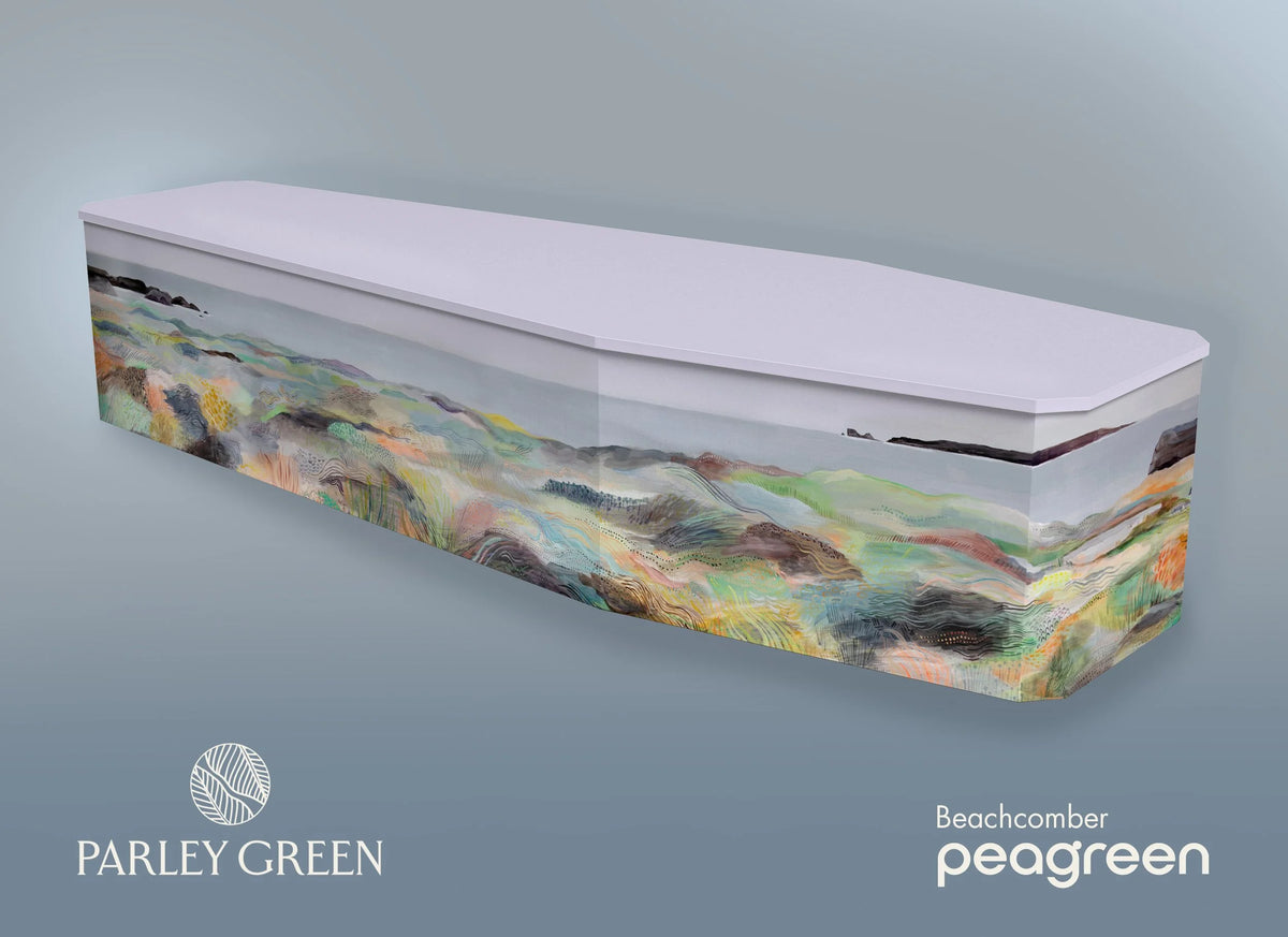 Beachcomber — Peagreen designer coffin, soft horizon of sea and sky