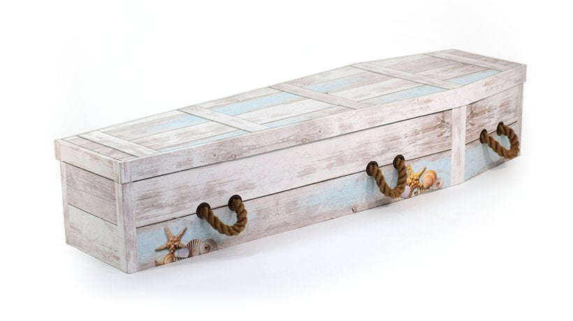 Bespoke picture coffin — beachcomber driftwood and shells design