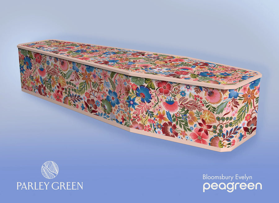 Bloomsbury Evelyn — Peagreen designer coffin, garden in full bloom