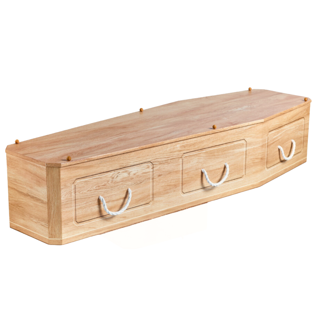 Premium Forest Board Coffin — light oak wood effect, angled view