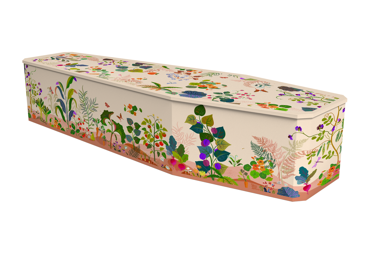 The Day Gardener — Peagreen designer coffin, garden in gentle daylight
