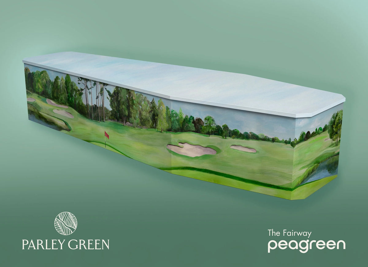 The Fairway — Peagreen designer coffin, quiet stretch of open green