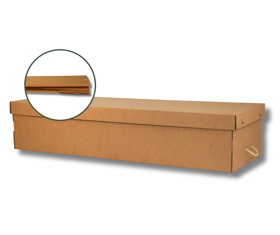 Flatpack casket assembled, with flat-packed state inset