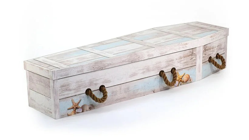 Bespoke picture coffin — beachcomber driftwood and shells design