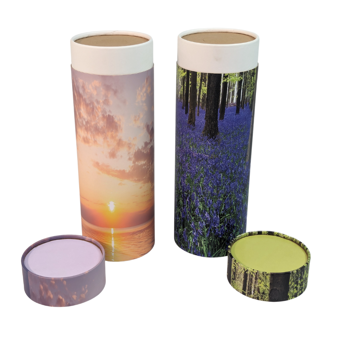 Biodegradable scatter tubes — sunset and bluebell designs